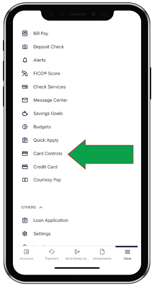 arrow pointing out where card controls is located within the mobile banking app