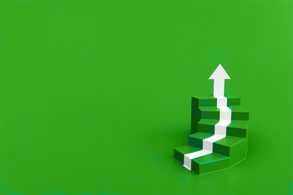 White Arrow Up With Blue Stair On Blue Floor Background, 3D Arrow Climbing Up Over A Staircase , 3d Stairs With Arrow Going Upward, 3d Rendering