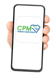 hand holding a cell phone with the CPM online banking logo on the screen